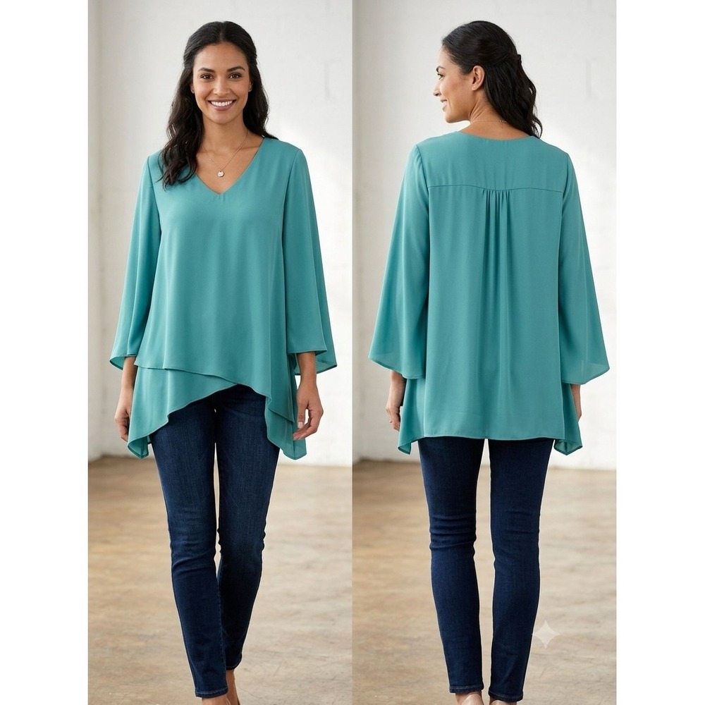 Karen Kane Bracelet Sleeve Draped Asymmetric Silky Versatile Tunic Quiet NEW 3X